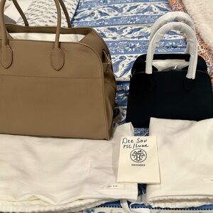 The Row Margaux 15 in Taupe grained soft leather